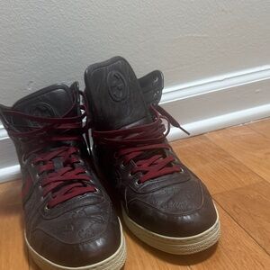 Gucci Dark Brown Sneakers with Red Laces